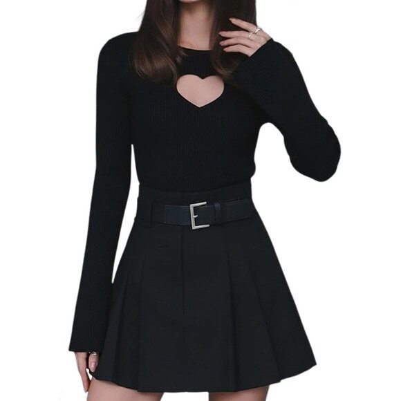 Women’s Heart Cut-Out Knit Sweater Long Sleeve Crew Neck Fall Winter Fashion